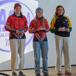 Kenai Central's Isla Crouse and Ruby Davis and Seward's Indigo Leslie hold up their awards during the ASAA Nordic Ski State Championships held Feb. 19-21, 2026, in Wasilla, Alaska. Photo provided by Chantel Taylor