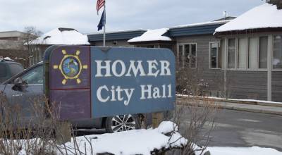 Snow blankets Homer City Hall on April 10, 2025, in Homer, Alaska. (Homer News file photo)