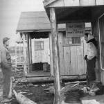 Walt Pedersen photo from Alaskas Kenai Peninsula: The Road Weve Traveled, by the Kenai Peninsula Historical Association
Alex Petrovich chats with Laura Tyson in front of the new Naptowne Post Office in 1949.