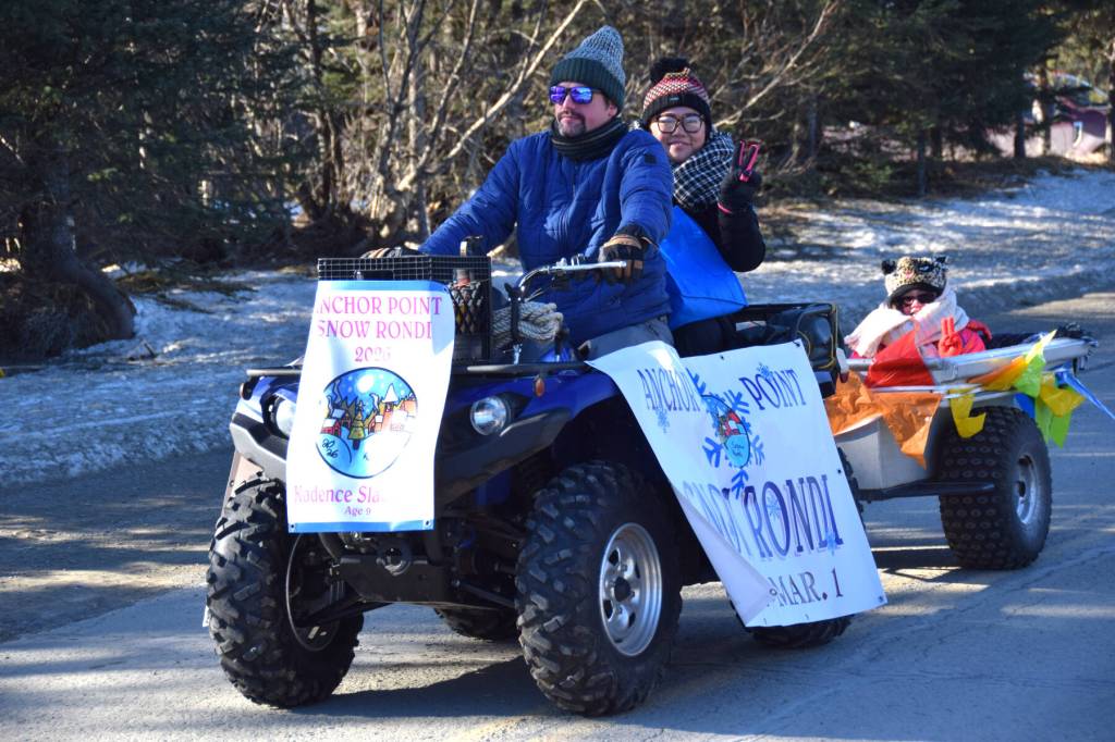 photos by Delcenia Cosman/Homer News
Anchor Point Chamber of Commerce president Dawson Slaughter drives a four-wheeler with his family in the annual Snow Rondi parade on Saturday, Feb. 28<ins>, 2026,</ins> in Anchor Point<ins>, Alaska</ins>.