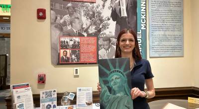 Annika Hauer photo.
Madeline Johnson, who read the Declaration of Independence at the celebration, titled her painting Life, Liberty, and the Pursuit of Happiness, responding to the question, What does America mean to you?