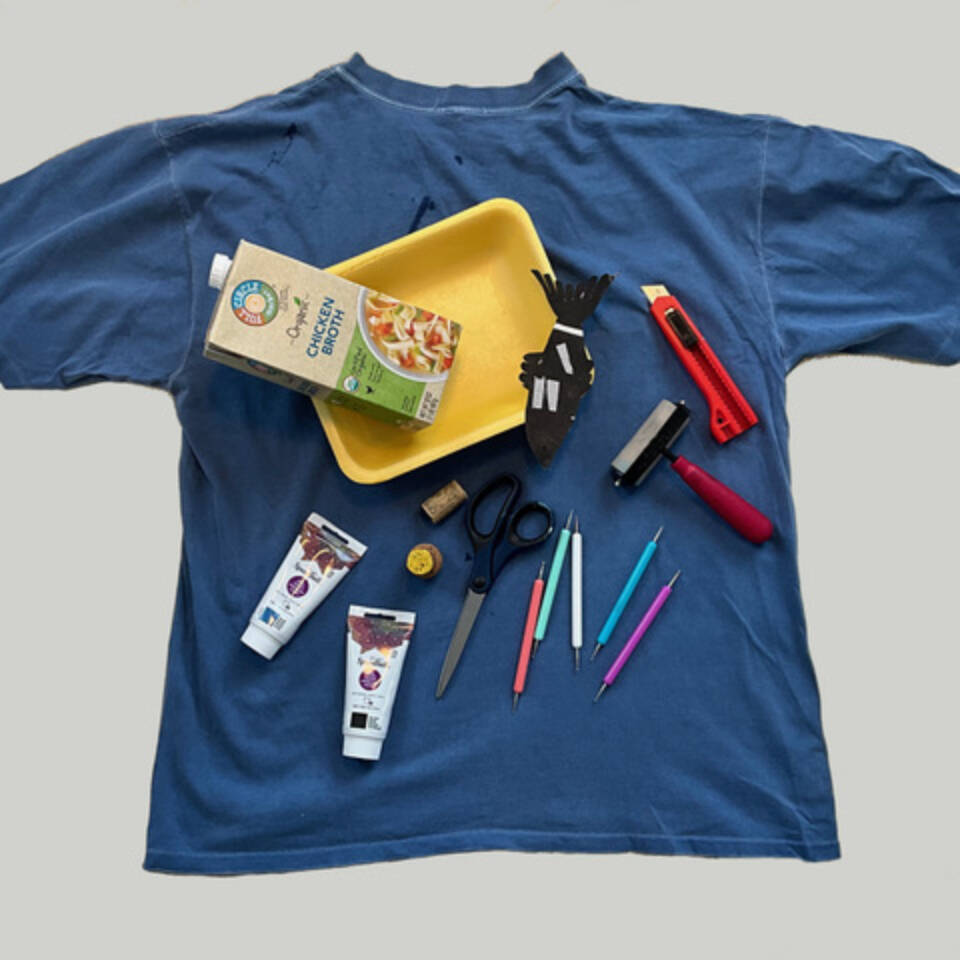 Upcycled materials will be used to create fabric prints in the Relief Print on Fabric workshop on Friday, March 20, 2026, at Kachemak Bay Campus in Homer, Alaska. Photo provided by Elaine Miller