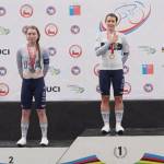 Kristen Faulkner (right) stands on the podium after winning the gold medal in the cycling track individual pursuit event during the Pan American Championships, held Feb. 18-22, 2026, in Santiago, Chile. Fellow Team USA member and 2025 Pan Am gold medalist Emily Ehrlich (left) took home the silver medal in the individual pursuit. Photo provided by Kristen Faulkner