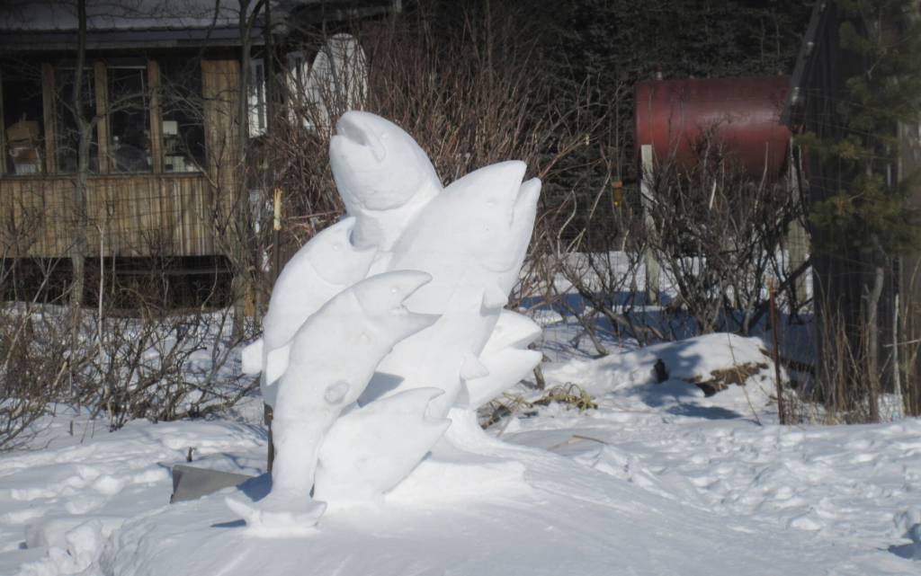 An expanded snow carving by Homer artist Gary Lyon is photographed on East Skyline Drive on Sunday, March 15, 2026, in Homer, Alaska. Photo courtesy Milli Martin