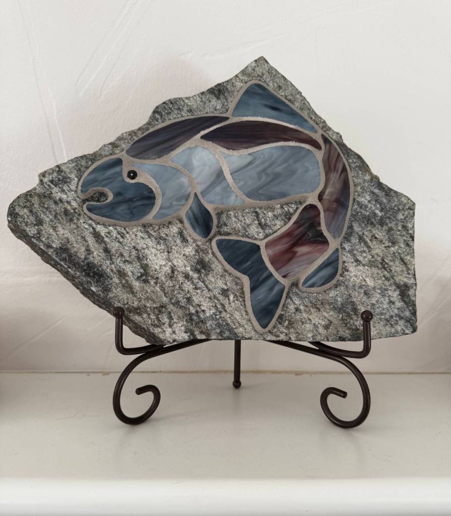 Mystic Salmon is a glass mosaic by Carole Miller, the newest member of Ptarmigan Arts Gallery. Photo provided by Carole Miller