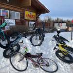 Fat bikes and one non fat bike rest outside Ivory Jacks bar and restaurant in the Goldstream Valley outside Fairbanks. Photo courtesy Ned Rozell