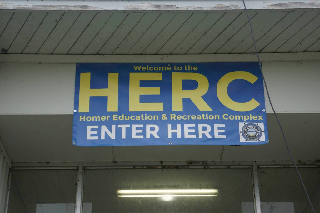 A sign hangs over the entrance to the Homer Education and Recreation Complex on Saturday, Oct. 2, 2021, in Homer, Alaska. (Photo by Michael Armstrong/Homer News)