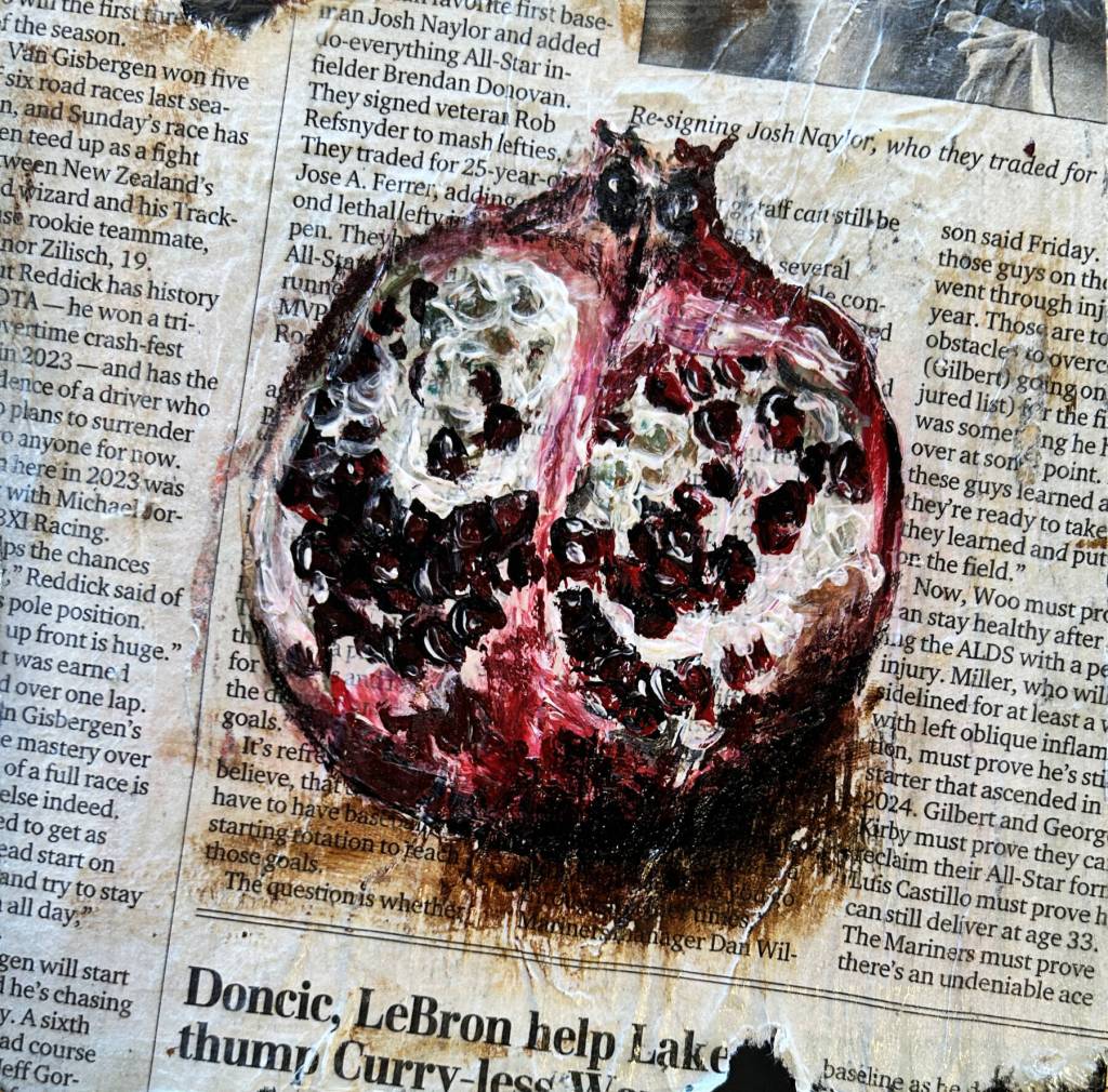 Pomegranate, an acrylic on mixed media work by Sophia Cunningham, is one of numerous pieces on display in Homer Council on the Arts annual Jubilee Youth Art Exhibit Showcase. Photo courtesy Jenna Gerrety