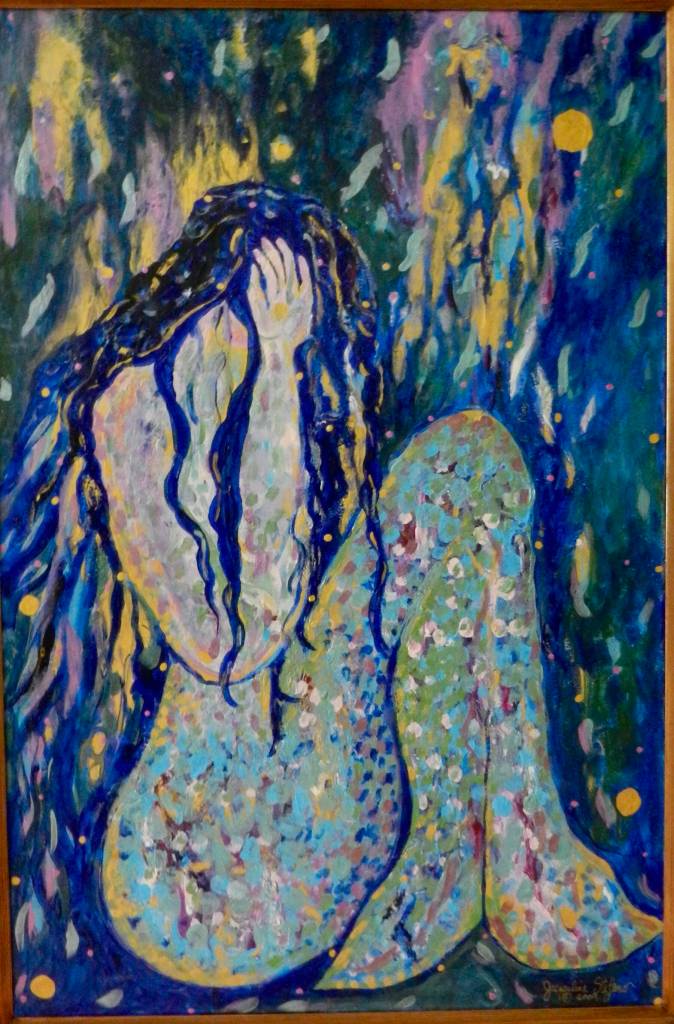 The Mermaids Lament, acrylic paint with gels, is a work by Jacklyn Sweet, one of two artists displaying at Grace Ridge Brewing in April 2026. Photo provided by Jacklyn Sweet