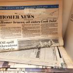 An April 13, 1989 issue of the Homer News is part of a collection of materials on the Exxon-Valdez oil spill, available in the Pratt Museums Research Library, and seen here on Friday, March 27, 2026, in Homer, Alaska. (Delcenia Cosman/Homer News)