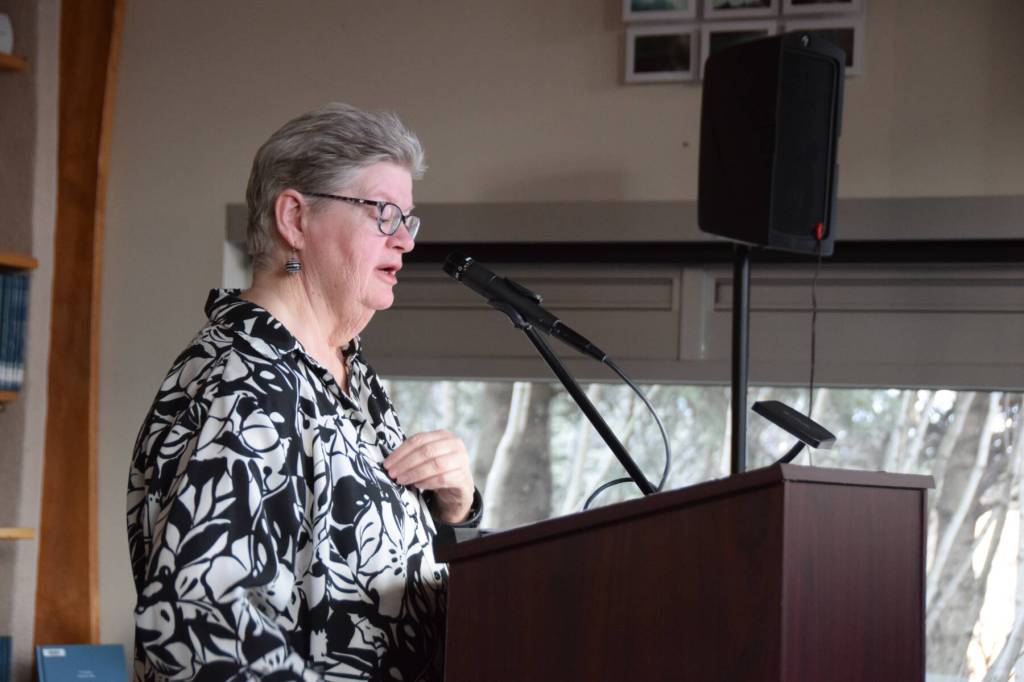Jacque E. Peterson speaks to the gathered audience in acceptance of the Library Spirit Award during the Celebration of Lifelong Learning on Saturday, March 28, 2026, in Homer, Alaska. (Delcenia Cosman/Homer News)