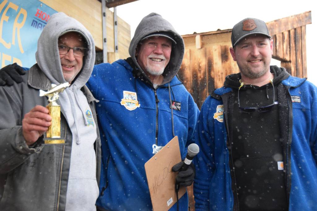 Mark Tornai (left) from Soldotna wins eighth place during the 32nd annual Homer Winter King Tournament on Saturday, April 4, 2026, in Homer, Alaska. (Delcenia Cosman/Homer News)