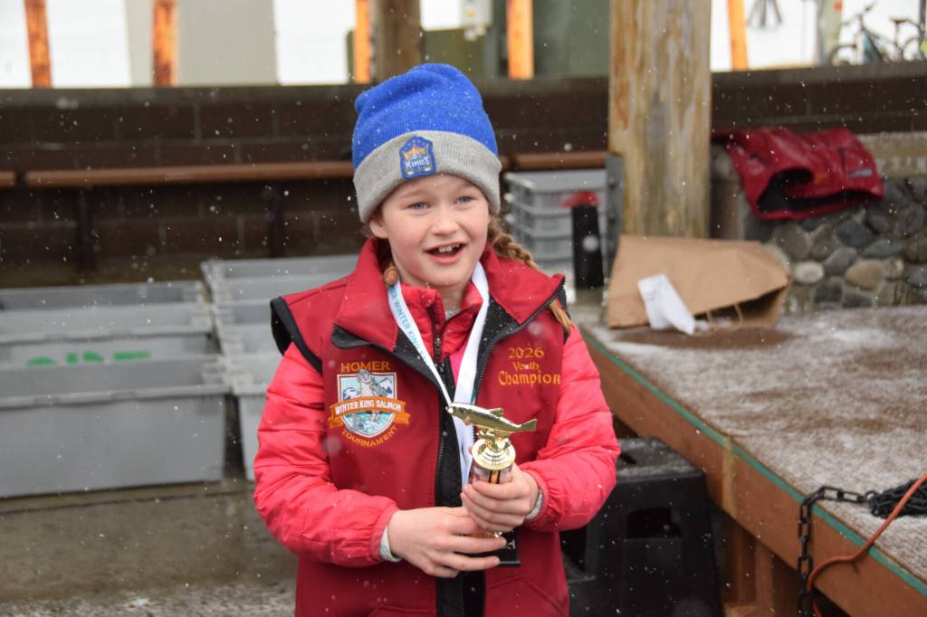 Amelia Stengel, 7, wins Top Youth Angler during the 32nd annual Homer Winter King Tournament on Saturday, April 4, 2026, in Homer, Alaska. (Delcenia Cosman/Homer News)