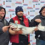 Photos by Delcenia Cosman / Homer News
Michael Ardenia (center) holds up his winning fish with his team members during the 32nd annual Homer Winter King Tournament on Saturday, April 4, 2026, in Homer, Alaska.