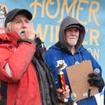 Second-place winner Tim Dillon gives a shoutout to his hometown of Seldovia during the 32nd annual Homer Winter King Tournament on Saturday, April 4, 2026, in Homer, Alaska. (Delcenia Cosman/Homer News)