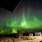 Storyknife Writers Retreat cabin under the Northern Lights in September 2023.