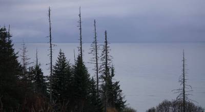 Low clouds hang over Cook Inlet north of Anchor Point on Oct. 23, 2025. (Photo by Yereth Rosen/Alaska Beacon)