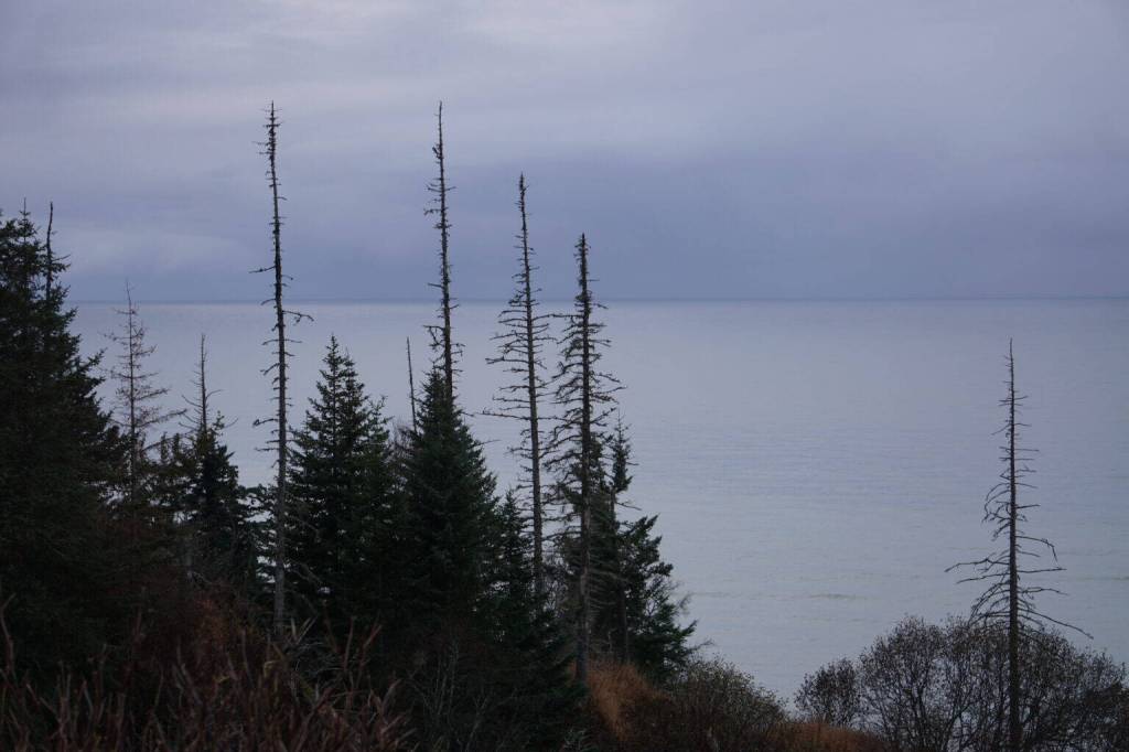 Low clouds hang over Cook Inlet north of Anchor Point on Oct. 23, 2025. (Photo by Yereth Rosen/Alaska Beacon)
