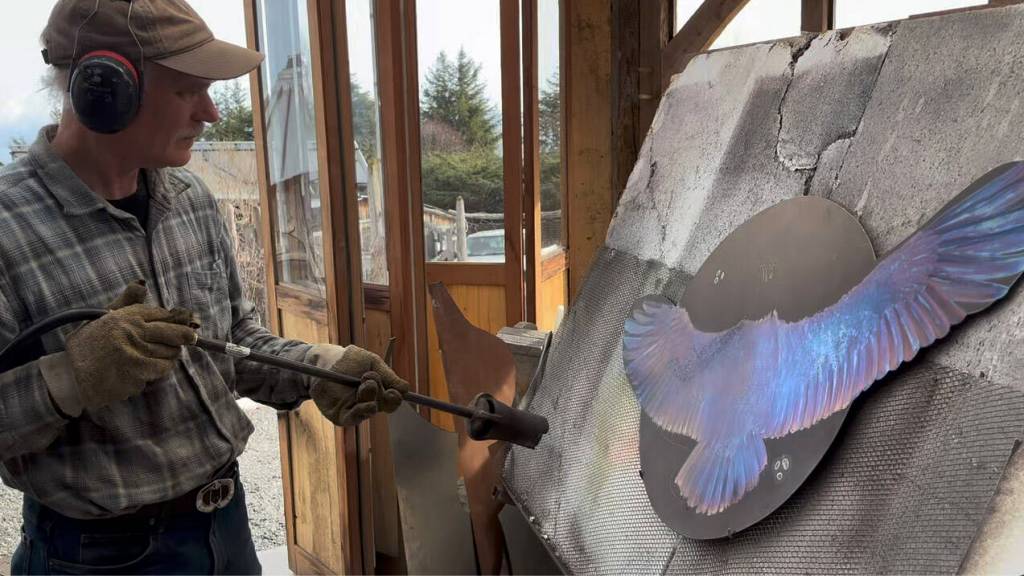 Jeff Dean works on a metal piece at his home studio before bringing it to the 2025 Ready Set Art fundraiser for completion. Dean will participate in this years fundraiser on Saturday, April 25, 2026, at Grace Ridge Brewing in Homer, Alaska. Photo provided by Jeff Dean