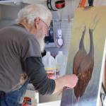 Gary Lyon, one of the original founders of the Ptarmigan Arts co-op seen here painting a pair of sandhill cranes during the 2024 Ready Set Art fundraiser, will be participating again in this years event on Saturday, April 25, 2026, at Grace Ridge Brewing in Homer, Alaska. Photo by Delcenia Cosman/Homer News