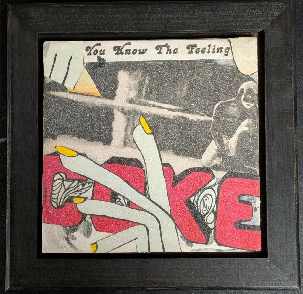 Coke, a collage on tile by Corrina Pariyar, on display in her solo exhibit at HCOA through May. (Image provided by Corinna Pariyar)