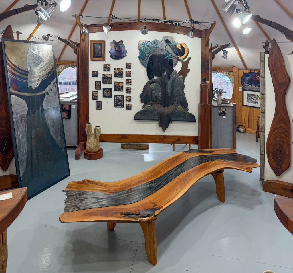 Salmon Stream Table, a commissioned artwork by Jeff Dean for the new SVT lobby in the Homer location, viewable at The Dean Gallery during their open house. (Photo provided by Jeff Dean)