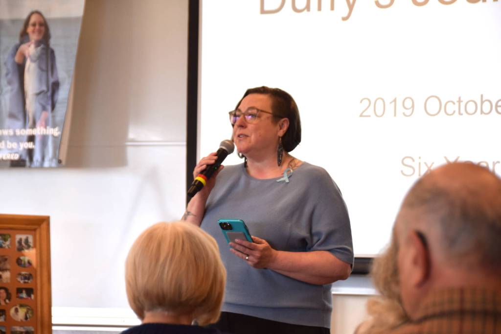 Pastor Lisa Talbott gives an introduction at the beginning of the Duffys Journey to Justice community conversation on Saturday, May 2, 2026, at Kachemak Bay Campus in Homer, Alaska. (Delcenia Cosman/Homer News)