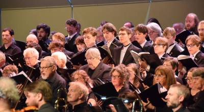 Members of the Kenai Peninsula Community Chorus and Homer High School Concert Choir perform the Mozart Requiem on Friday, May 1, 2026, on the Homer High School Mariner Theatre stage in Homer, Alaska. (Delcenia Cosman/Homer News)