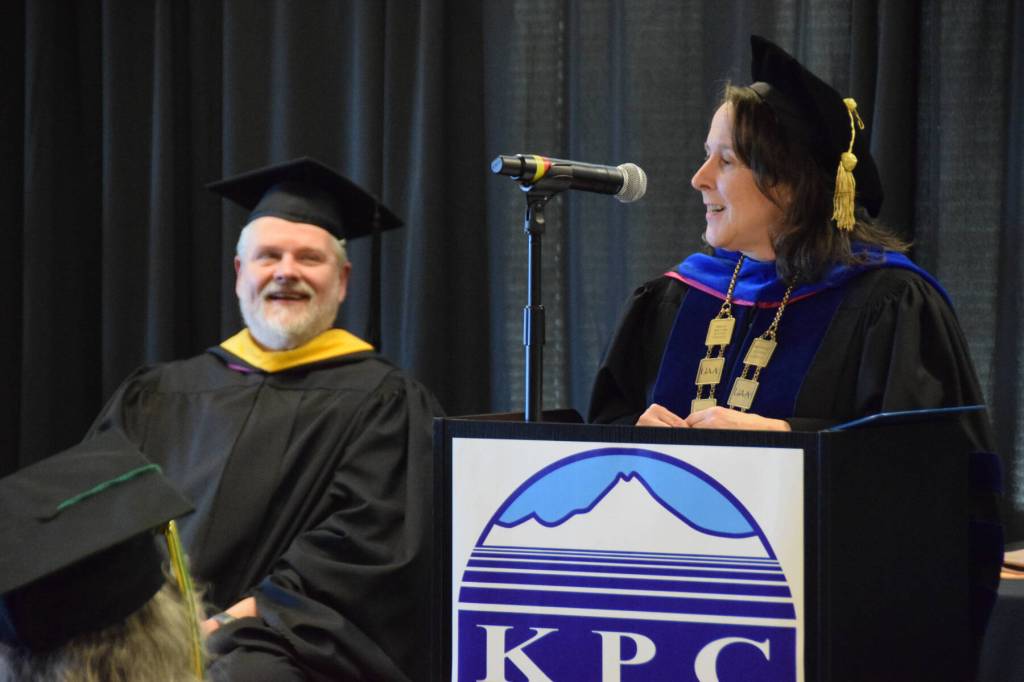 University of Alaska Anchorage Chancellor Cheryl Siemers (right) addresses the graduating class of 2026 during a commencement ceremony held Wednesday, May 6<ins>, 2026,</ins> at Kachemak Bay Campus<ins> in Homer, Alaska</ins>. (Delcenia Cosman/Homer News)