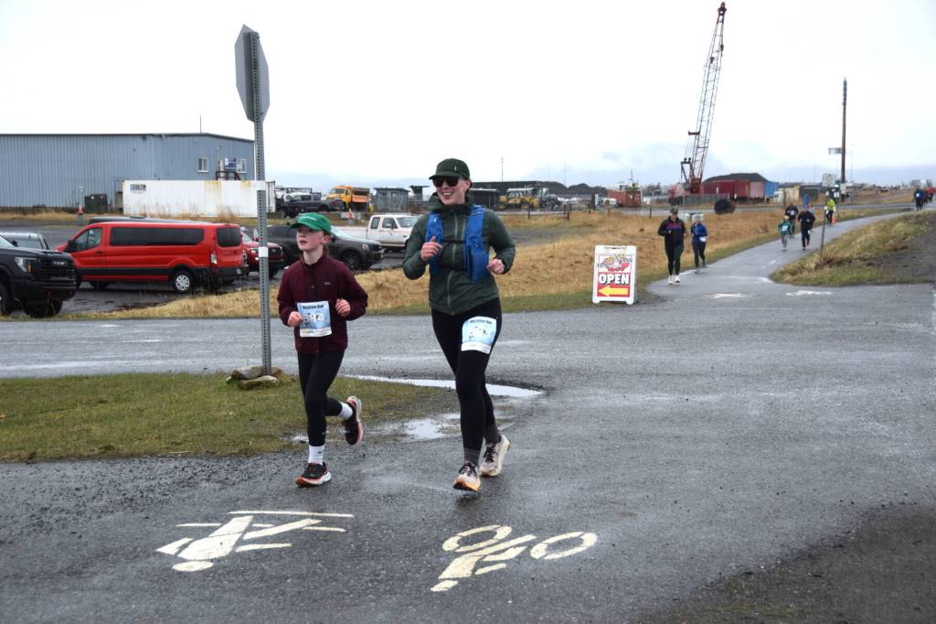 Whitney Harness (right) and Raina Harness compete in the annual Migration Run on Sunday, May 10<ins>, 2026,</ins> on the Homer Spit Trail<ins> in Homer, Alaska</ins>. (Delcenia Cosman/Homer News)