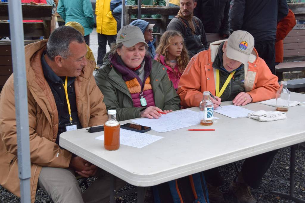 (from left to right) Shorebird Festival keynote speaker Alvaro Jaramillo, Seldovia Nature Tours operator Cindy Mom and festival presenter Buzz Scher judge the ninth annual bird calling contest held Saturday<ins>, May 9, 2026,</ins> at the Homer Brewing Company<ins> in Homer, Alaska</ins>. (Delcenia Cosman/Homer News)