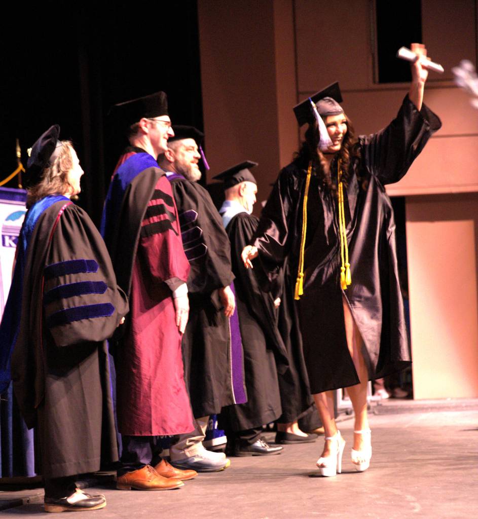 Alyssa Koester-Backstrom crosses the stage upon receiving her Associate of Applied Science degree during the Kenai Peninsula College commencement ceremony held Thursday, May 7<ins>, 2026,</ins> at Kenai Central High School<ins> in Kenai, Alaska</ins>. Photo courtesy Summer Lazenby/Kenai Peninsula College