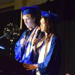 (Delcenia Cosman/Homer News)
Homer High School Class of 2026 valedictorian Lukas Renner (left) and salutatorian Marina Co (right) address their graduating classmates together in a commencement ceremony on Monday, May 18 in the Homer High School Alice Witte Gymnasium.