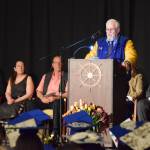 Activity bus driver Joseph Brewer gives his commencement address to the graduating Homer High School student body in a commencement ceremony on Monday, May 18<ins>,</ins><ins> 2026,</ins> in the Homer High School Alice Witte Gymnasium<ins> in Homer, </ins><ins>Alaska</ins>. (Delcenia Cosman/Homer News)