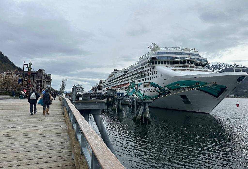 Visitors walk along the downtown cruise ship dock on May 14, 2025, the same day CBP officers discovered a passenger with stolen ID. (Mark Sabbatini / Juneau Empire file photo)