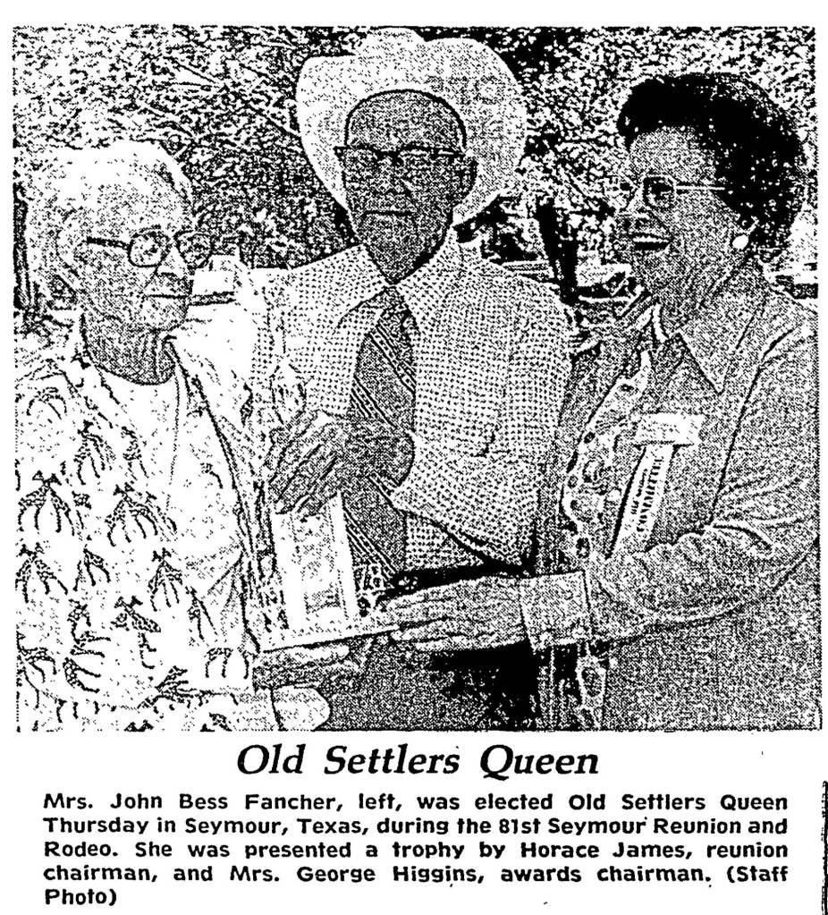 John Bess Fancher, (at left) seen here at age 73, was elected Old Settlers Queen during the Seymour (Texas) Reunion and Rodeo. This photo appeared originally in the Wichita Falls (Texas) Record-News in July 1978.