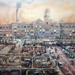 A Greg Summers painting of the stockyards in Kansas City, Kansas, as they appeared more than a century ago. When the immigrant Henry Lucas came to the United States in 1901, he lived with his brother Peter and worked with him in the meat-packing business until Henry decided to head north.