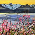 Taken by the artist in her studio, April 2026
Cosmic Hamlet by the Sea, acrylic on canvas, by Kathleen McCarthy.